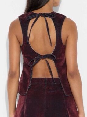 NWT Sz L Wild Fable Open Back Tie Crewneck Jean Tank Top - Denim Burgundy